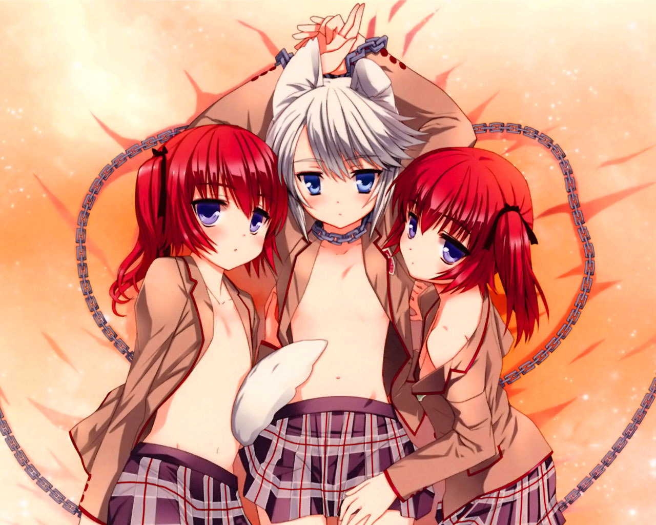 ezomori nozomu, nanao ai, nanao ren, kanokon, artist request, 00s, 3girls, animal ears, blue eyes, blush, chain, flat chest, loli, multiple girls, open clothes, open shirt, plaid clothes, plaid skirt, red hair, school uniform, shirt, short hair, skirt, twintails