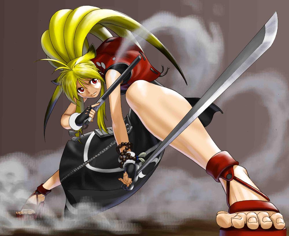 saitou kazue, xiaomu, banpresto, capcom, namco, namco x capcom, super robot wars, super robot wars og saga mugen no frontier, 1girl, blonde hair, feet, female focus, fingerless gloves, foreshortening, full body, gloves, high heels, ponytail, red eyes, red sandals, sandals, solo, sword, toes, weapon