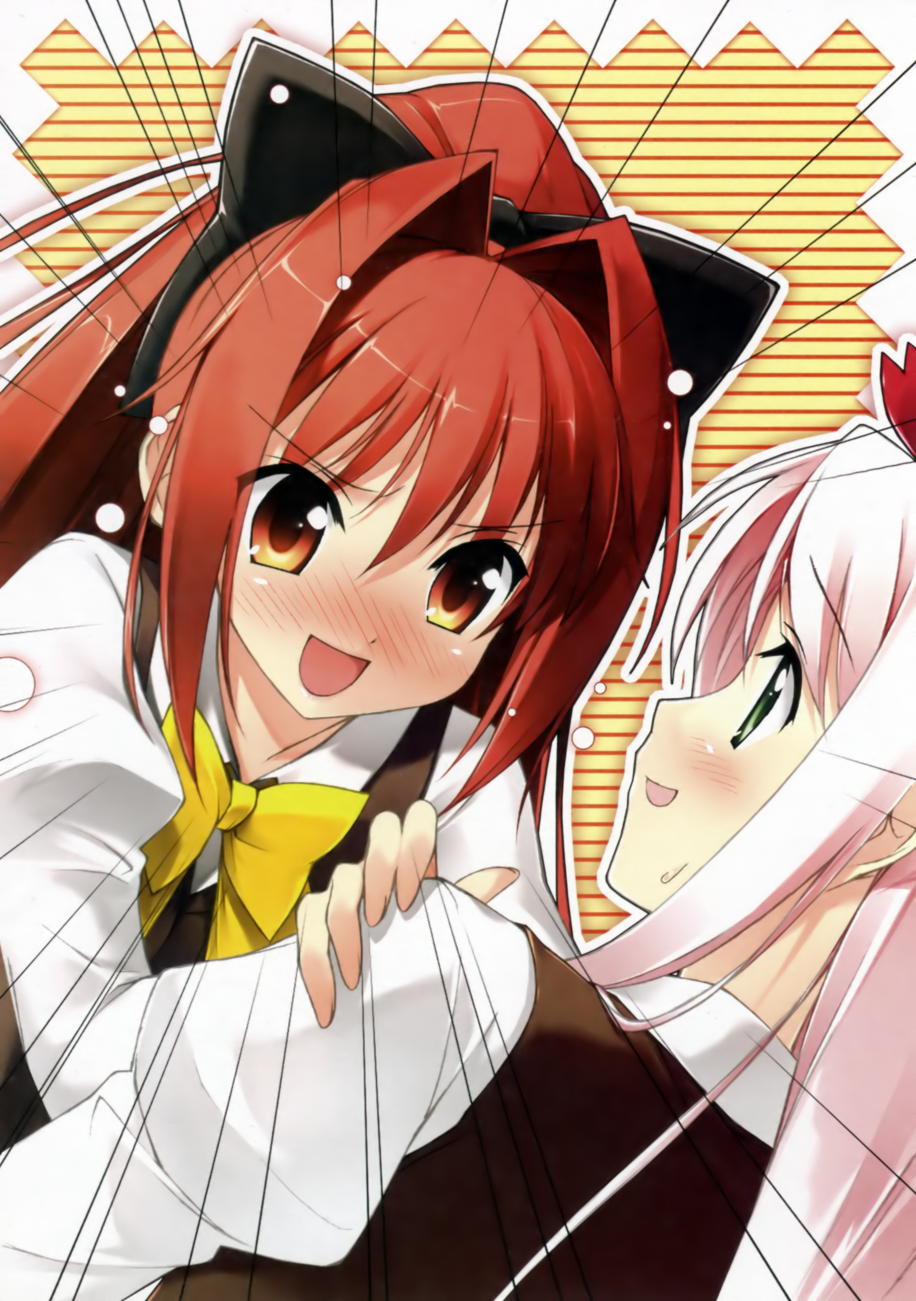 kantoku, corticarte apa lagranges, kugiri cornelia, shinkyoku soukai polyphonica, shinkyoku soukai polyphonica aphonic songbird, striped, absurdres, highres, official art, 00s, 2girls, :d, blush, bow, bowtie, brown hair, dutch angle, green eyes, hair intakes, hair ribbon, hug, long hair, motion lines, multiple girls, open mouth, pink hair, ponytail, red hair, ribbon, school uniform, smile, speed lines, surprised, sweatdrop, very long hair, vest, white hair