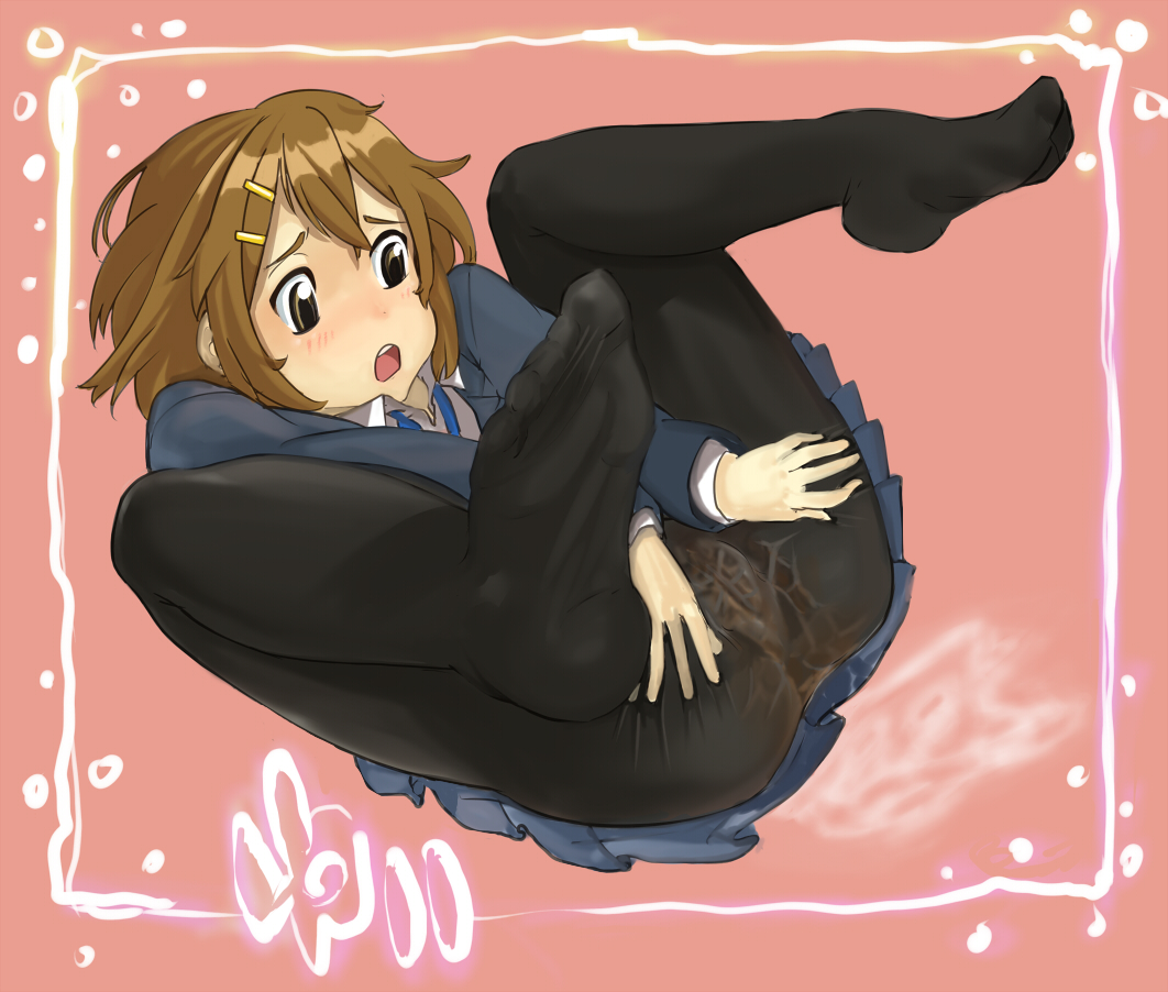 skulfaran, hirasawa yui, k-on!, bad id, bad pixiv id, 00s, 1girl, blazer, blush, brown eyes, brown hair, feet, female focus, jacket, open mouth, panties, panties under pantyhose, pantyhose, pantyshot, pee, peeing, peeing self, pussy juice, school uniform, short hair, solo, underwear
