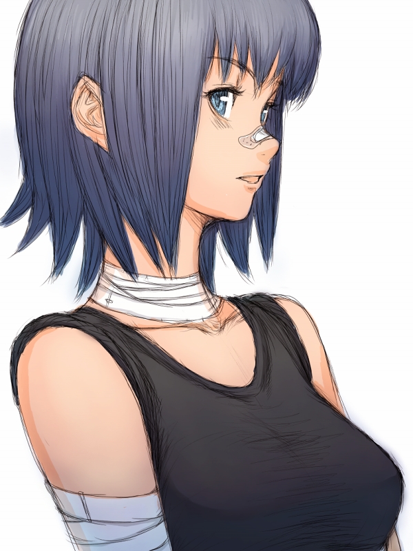 fumio (rsqkr), 1girl, bandages, blue eyes, blue hair, collarbone, female focus, from side, looking at viewer, matching hair/eyes, short hair, simple background, solo, tank top