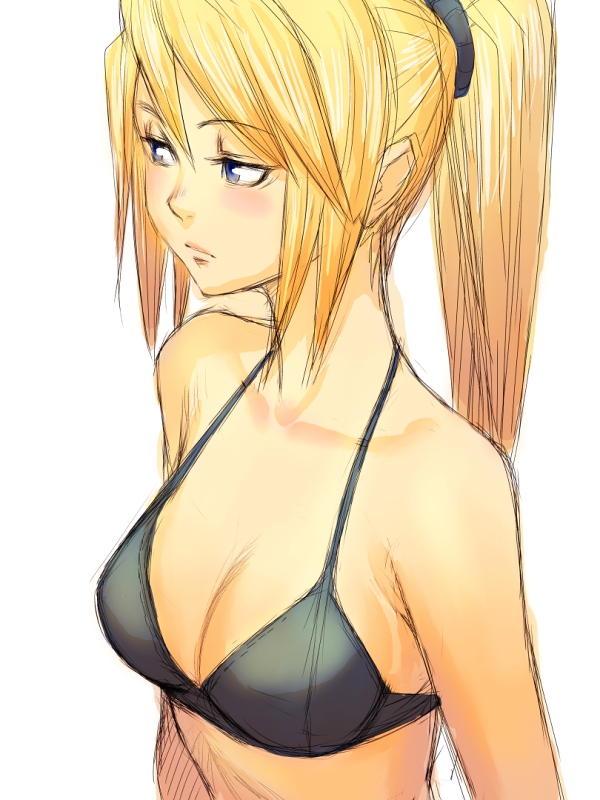 fumio (rsqkr), samus aran, metroid, nintendo, looking away, 1girl, bare shoulders, bikini, bikini top only, blonde hair, blue eyes, blush, breasts, female focus, long hair, ponytail, simple background, solo, swimsuit