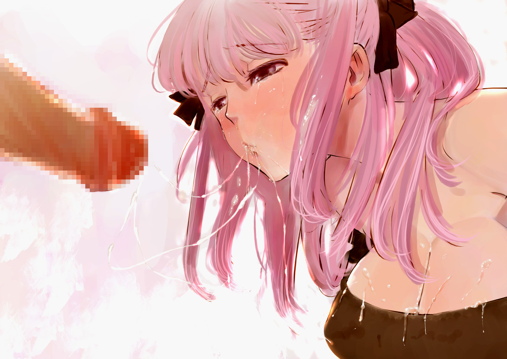 kito (coyo), original, highres, 1girl, breasts, censored, cum, cum in mouth, cum on body, cum on breasts, cum on upper body, cum string, half-closed eyes, large breasts, mosaic censoring, penis, pink background, pink hair, solo focus