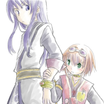 hotaru (asche h), rita mordio, yuri lowell, tales of (series), tales of vesperia, lowres, 00s, 1boy, 1girl, blush, bracelet, brown hair, goggles, green eyes, jewelry, long hair, pen, purple eyes, purple hair, short hair