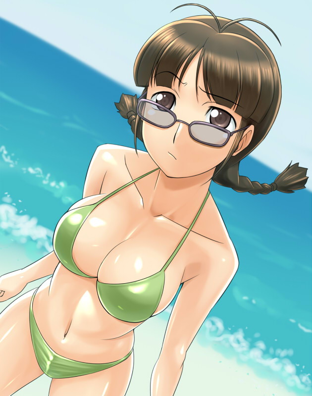 muhi11234, akizuki ritsuko, idolmaster, idolmaster (classic), idolmaster 1, 00s, 1girl, antenna hair, beach, bikini, braid, breasts, brown eyes, brown hair, cleavage, day, dutch angle, female focus, glasses, green bikini, large breasts, ocean, outdoors, sky, solo, swimsuit, twin braids