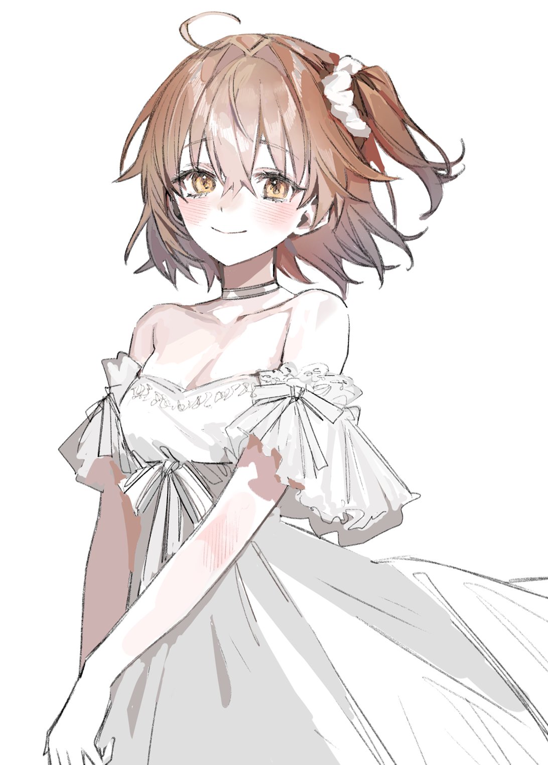 okchun, fujimaru ritsuka (female), fate/grand order, fate (series), highres, 1girl, ahoge, blush, breasts, brown hair, choker, cleavage, closed mouth, dress, hair between eyes, hair intakes, hair ornament, hair scrunchie, light smile, looking at viewer, off-shoulder dress, off shoulder, one side up, scrunchie, simple background, solo, white background, white choker, white dress, white scrunchie, yellow eyes