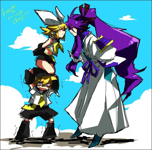 gi (46rain), kagamine len, kagamine rin, kamui gakupo, vocaloid, bad id, bad pixiv id, 1girl, 2boys, @ @, blonde hair, brother and sister, closed eyes, dougi, from side, long hair, multiple boys, ponytail, school uniform, serafuku, siblings, standing, very long hair