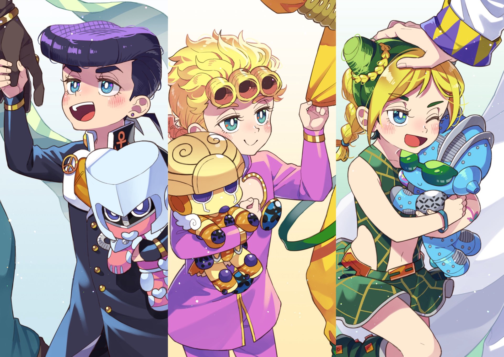 uppi, crazy diamond, dio brando, giorno giovanna, gold experience, higashikata josuke, joseph joestar, joseph joestar (young), kuujou jolyne, kuujou joutarou, stone free, battle tendency, diamond wa kudakenai, jojo no kimyou na bouken, stardust crusaders, stone ocean, vento aureo, commentary request, highres, 1girl, 5boys, aged down, anchor ornament, blonde hair, blue eyes, blue pants, blue skin, braid, braided ponytail, brown gloves, bun with braided base, character doll, coat, colored skin, doll, double bun, father and daughter, father and son, gakuran, gloves, green-tinted eyewear, green eyes, green hair, green scarf, green skirt, green tank top, hair bun, high collar, hugging doll, hugging object, jacket, ladybug ornament, multicolored hair, multiple boys, open mouth, pants, peace symbol, pink jacket, pink pants, pink skin, pompadour, purple hair, scarf, school uniform, shirt, skirt, sky, stand (jojo), tank top, teeth, time paradox, tinted eyewear, triangular headpiece, two-tone hair, upper teeth only, white coat, wing ornament, yellow jacket, yellow pants, yellow shirt, yellow sky