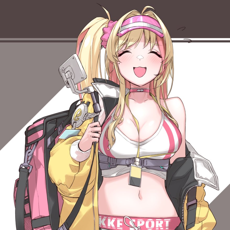 tenbin gashira, liveryn (nikke), goddess of victory: nikke, 1girl, bare shoulders, blonde hair, blush, breasts, cleavage, closed eyes, collarbone, cropped shirt, jacket, large breasts, long hair, multicolored hair, navel, one side up, open clothes, open jacket, open mouth, pink hair, selfie stick, single bare shoulder, single off shoulder, smile, solo, streaked hair, two-tone hair, upper body, yellow jacket