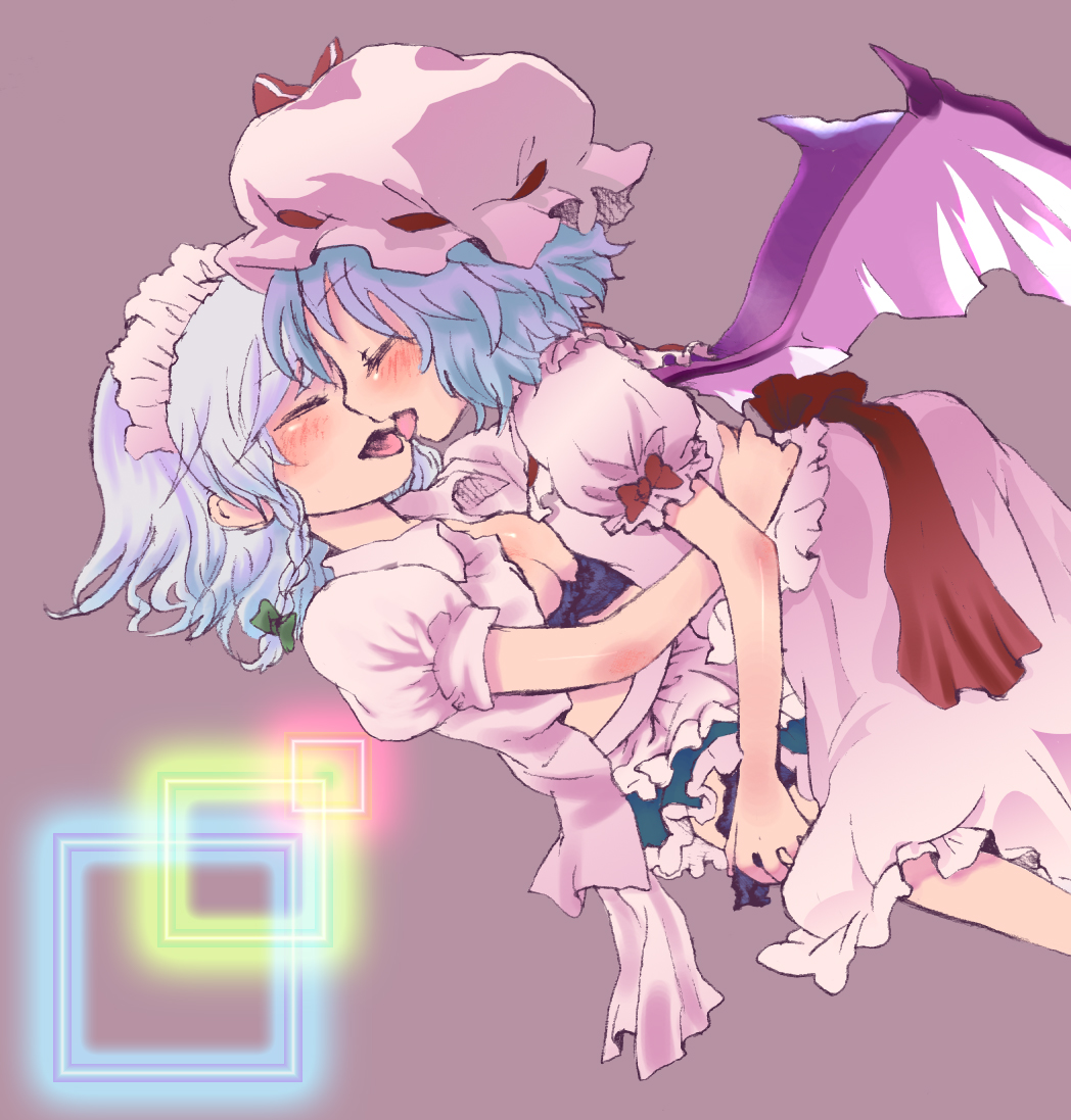 rias-shiki kawaii, izayoi sakuya, remilia scarlet, touhou, silver hair, bad id, bad pixiv id, 2girls, bat wings, blue hair, braid, closed eyes, female focus, french kiss, hair ribbon, hairband, hat, kiss, multiple girls, open clothes, open shirt, ribbon, shirt, short hair, tongue, twin braids, wings, yuri