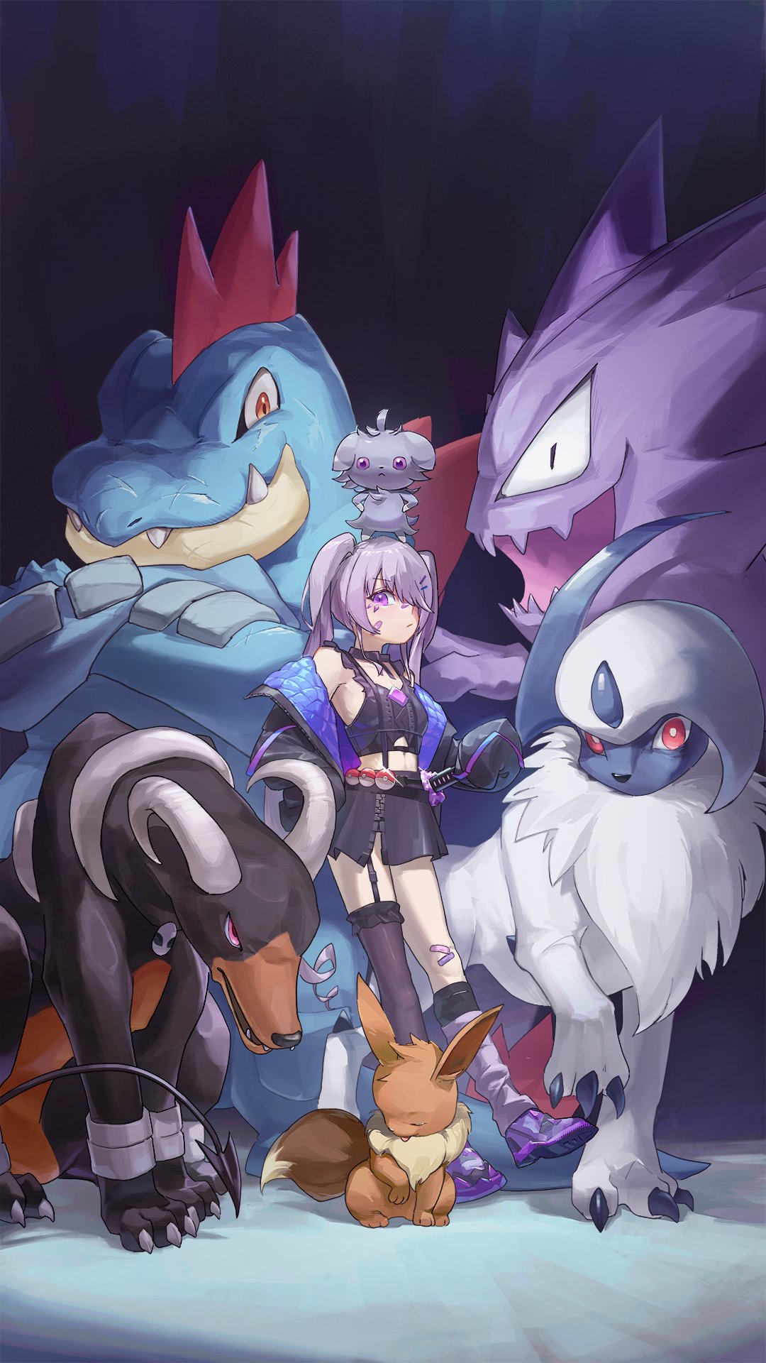 dahaidan, absol, eevee, espurr, feraligatr, haunter, houndoom, koseki bijou, koseki bijou (casual), hololive, hololive english, nintendo, pokemon, highres, 1girl, bandaid, bandaid on face, bandaid on nose, black background, black jacket, black skirt, chest jewel, claws, gem, gen 1 pokemon, gen 2 pokemon, gen 3 pokemon, gen 6 pokemon, grey hair, horns, jacket, jewel under eye, looking at viewer, midriff, official alternate costume, official alternate hairstyle, on head, open mouth, poke ball, pokemon (creature), pokemon on head, purple eyes, purple gemstone, red eyes, scratches, sharp teeth, shirt, skirt, sword, tail, teeth, thighhighs, virtual youtuber, weapon