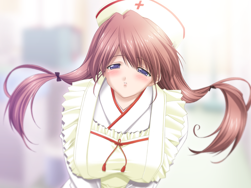 goma satoshi, oshiete miko sensei (series), game cg, 1girl, apron, blush, bow, breasts, brown hair, floating hair, frilled apron, frills, hair bow, half-closed eyes, hat, japanese clothes, kimono, large breasts, long hair, long sleeves, looking at viewer, miko, nurse cap, oshiete miko sensei ni, parted lips, purple eyes, shiratori mina (oshiete miko sensei), solo, upper body