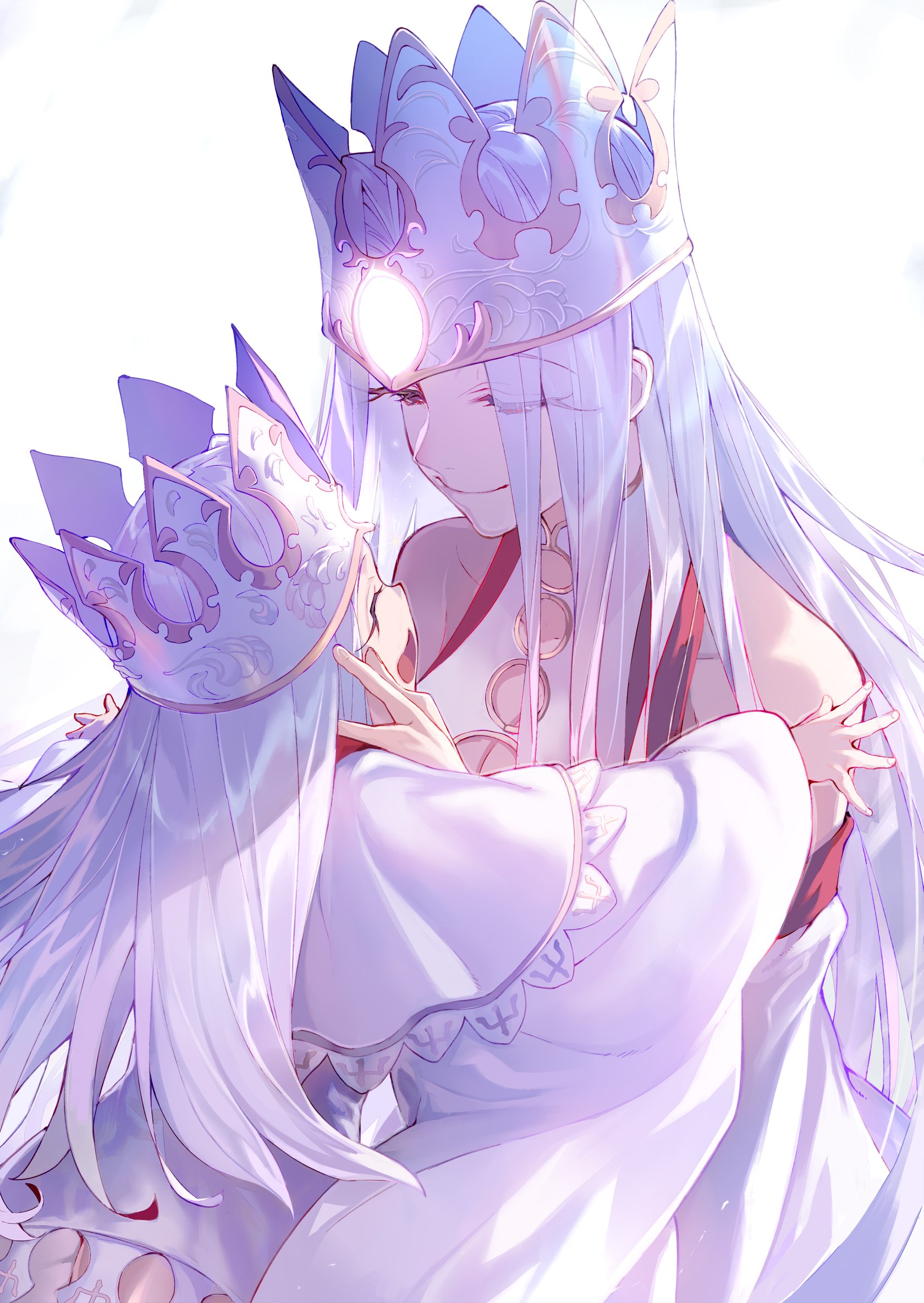 tsukudani (ore624), illyasviel von einzbern, irisviel von einzbern, fate (series), highres, 2girls, bare shoulders, breasts, cleavage, closed eyes, crown, dress, eyelashes, grey hair, large breasts, long hair, mother and daughter, multiple girls, simple background, upper body, white background, white dress, white hair