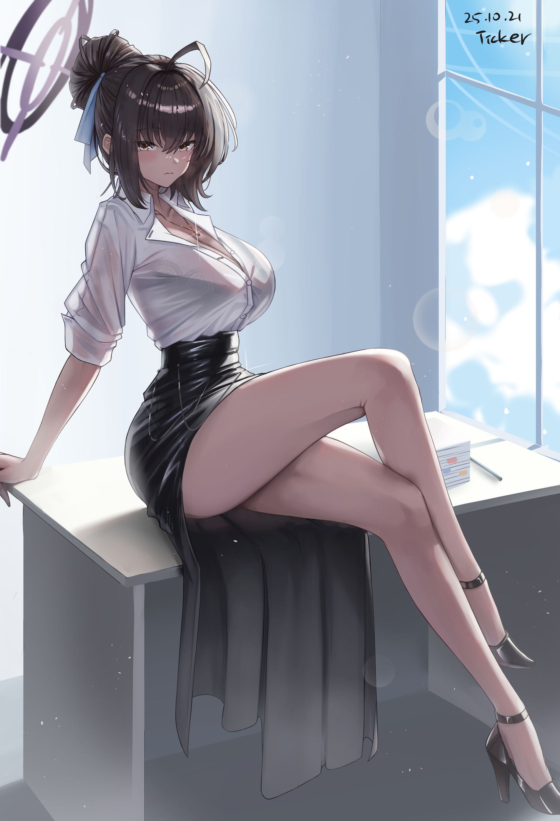 ticker (kks2ksy), karin (blue archive), blue archive, absurdres, highres, revision, 1girl, artist name, black hair, breasts, cleavage, closed mouth, crossed legs, dark-skinned female, dark skin, dated, desk, hair bun, hair ribbon, halo, high heels, jewelry, large breasts, light particles, necklace, office lady, on desk, pencil skirt, purple halo, ribbon, shirt, sitting, skirt, solo, thighs, white shirt, window, yellow eyes