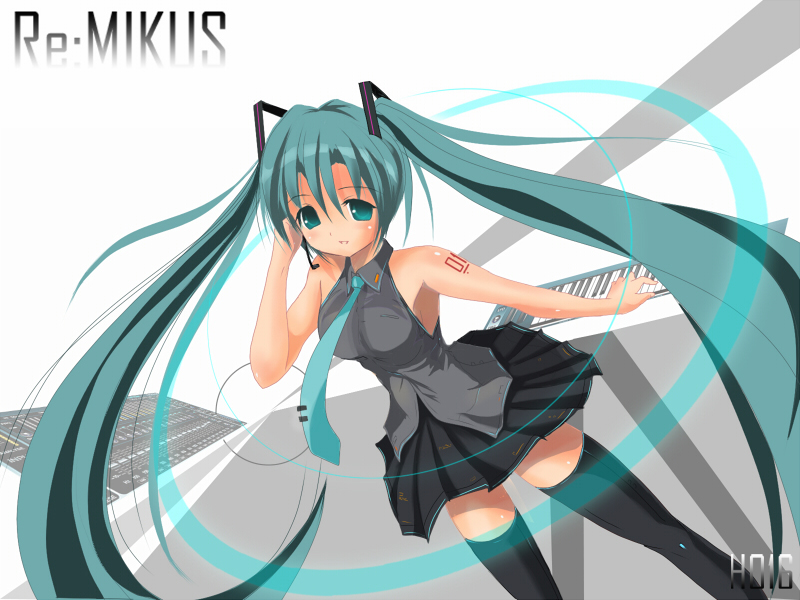h016, hatsune miku, vocaloid, bad id, bad pixiv id, aqua eyes, aqua hair, headset, instrument, keyboard, keyboard (instrument), long hair, mixer, necktie, skirt, solo, synthesizer, thighhighs, twintails, very long hair, zettai ryouiki