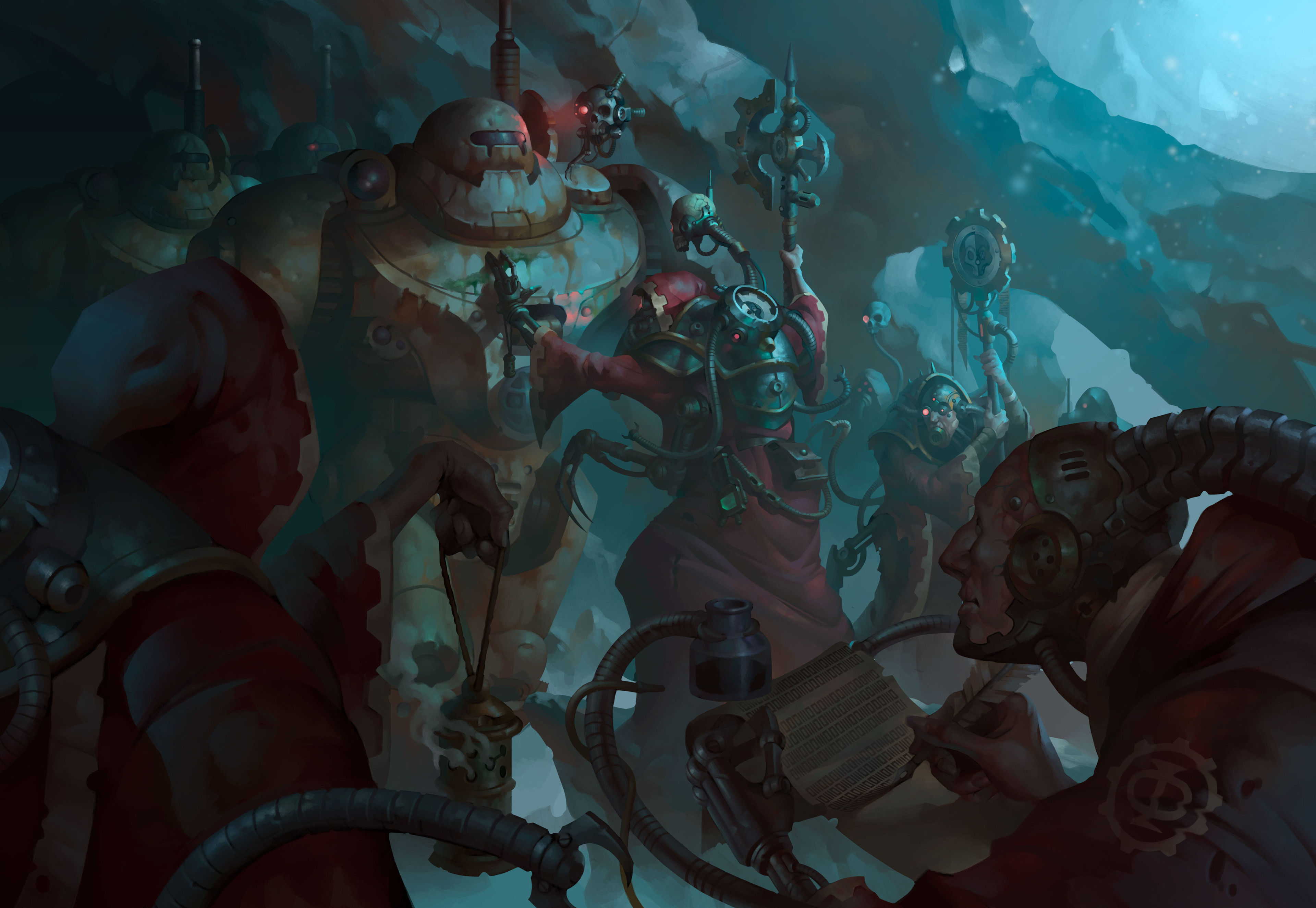 alexeykruglov, adeptus mechanicus, warhammer 40k, absurdres, highres, 6+boys, cyborg, holding, holding polearm, holding weapon, humanoid robot, mens of iron, moonlight, multiple boys, non-humanoid robot, polearm, red robe, robe, robot, servo-skull, shadow, weapon