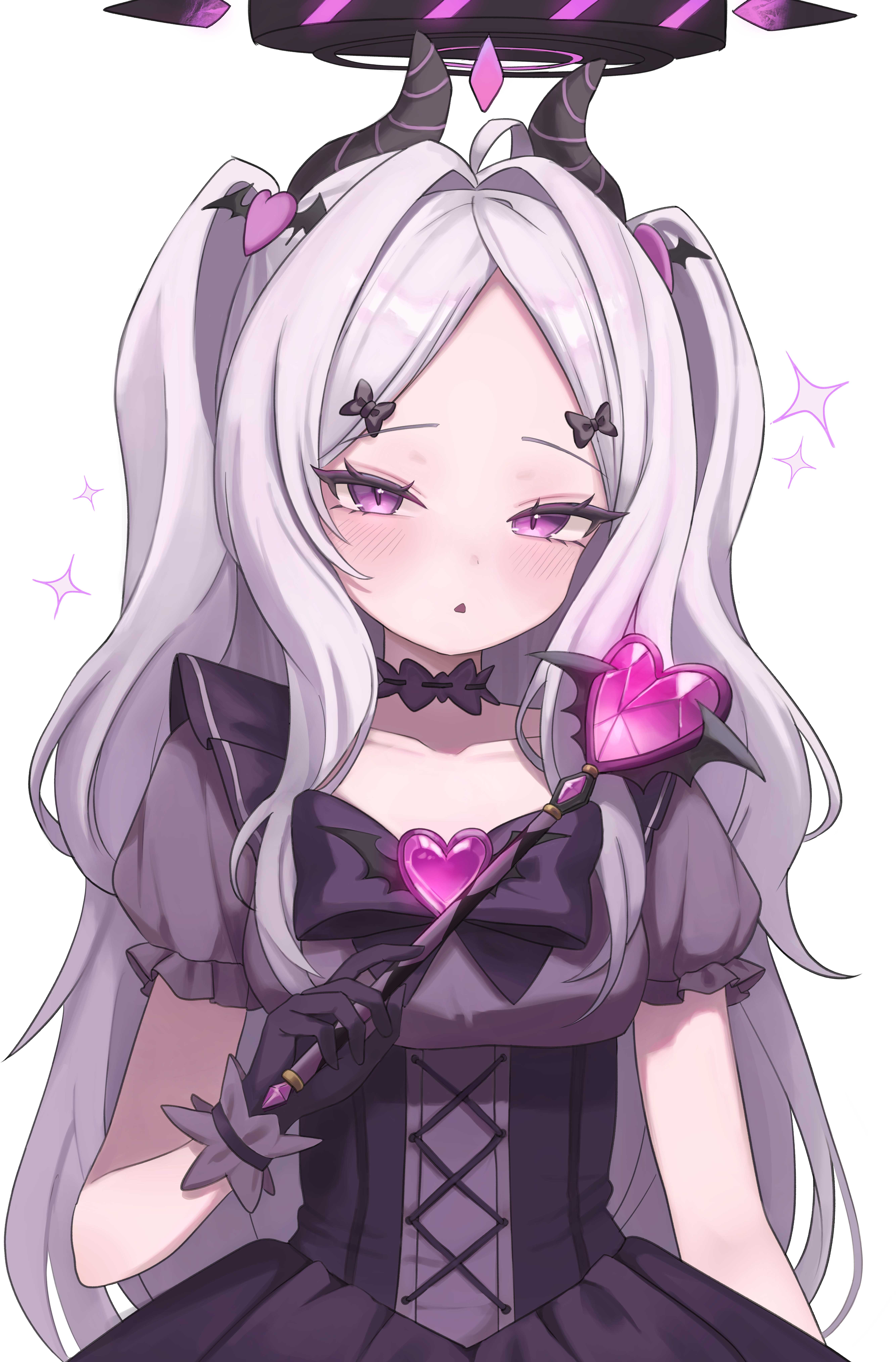 sakoronia, hina (blue archive), blue archive, absurdres, highres, 1girl, ahoge, black halo, breasts, demon girl, demon horns, halo, horns, long hair, looking at viewer, magical girl, purple eyes, small breasts, solo, upper body, very long hair, white hair