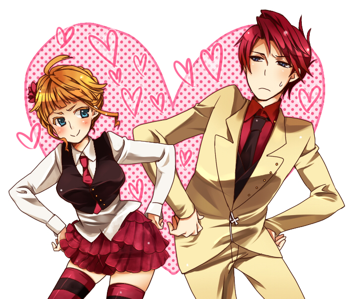 beatrice (umineko), ushiromiya battler, umineko no naku koro ni, bad id, bad pixiv id, 00s, 1boy, 1girl, formal clothes, hands on own hips, necktie, pink necktie, skirt, suit, thighhighs