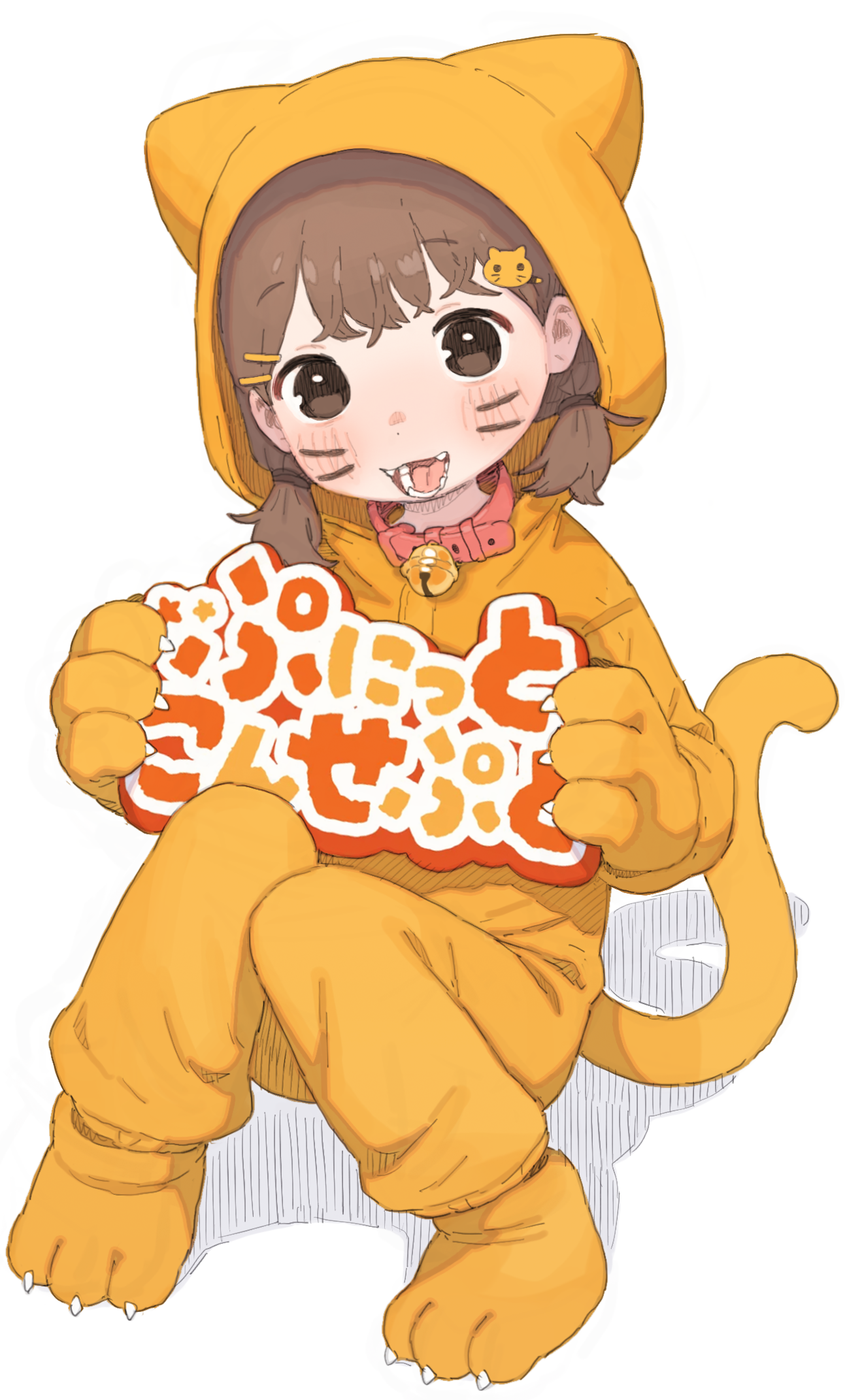 possummachine, blobcat, original, commentary request, highres, translation request, 1girl, animal costume, animal ears, animal hands, bell, blush, brown eyes, brown hair, cat costume, cat hair ornament, claws, collar, cosplay, facial mark, fake animal ears, fake tail, gloves, hair ornament, hairclip, jingle bell, kigurumi, looking at viewer, open mouth, parallel hairclips, paw gloves, paw shoes, red collar, sitting, solo, tail, twintails, whisker markings, white background