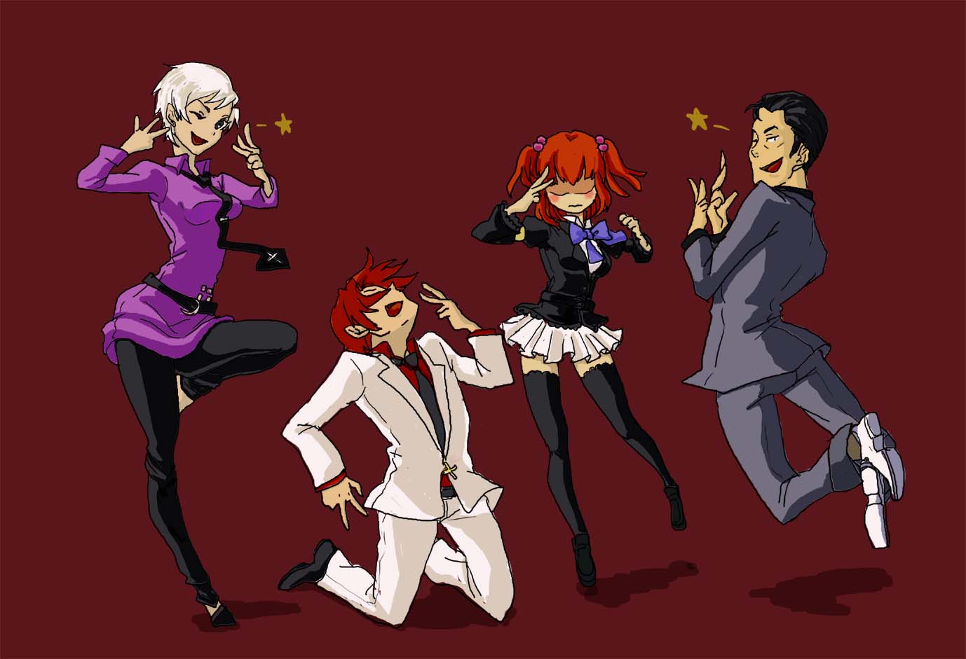 ushiromiya ange, ushiromiya battler, ushiromiya kyrie, ushiromiya rudolf, umineko no naku koro ni, 00s, 2boys, 2girls, armband, belt, black hair, blue eyes, blush, closed eyes, dancing, embarrassed, family, frills, hair bobbles, hair ornament, jacket, multiple boys, multiple girls, necktie, one eye closed, red hair, ribbon, short hair, star (symbol), thighhighs, twintails, white hair, wink, zettai ryouiki