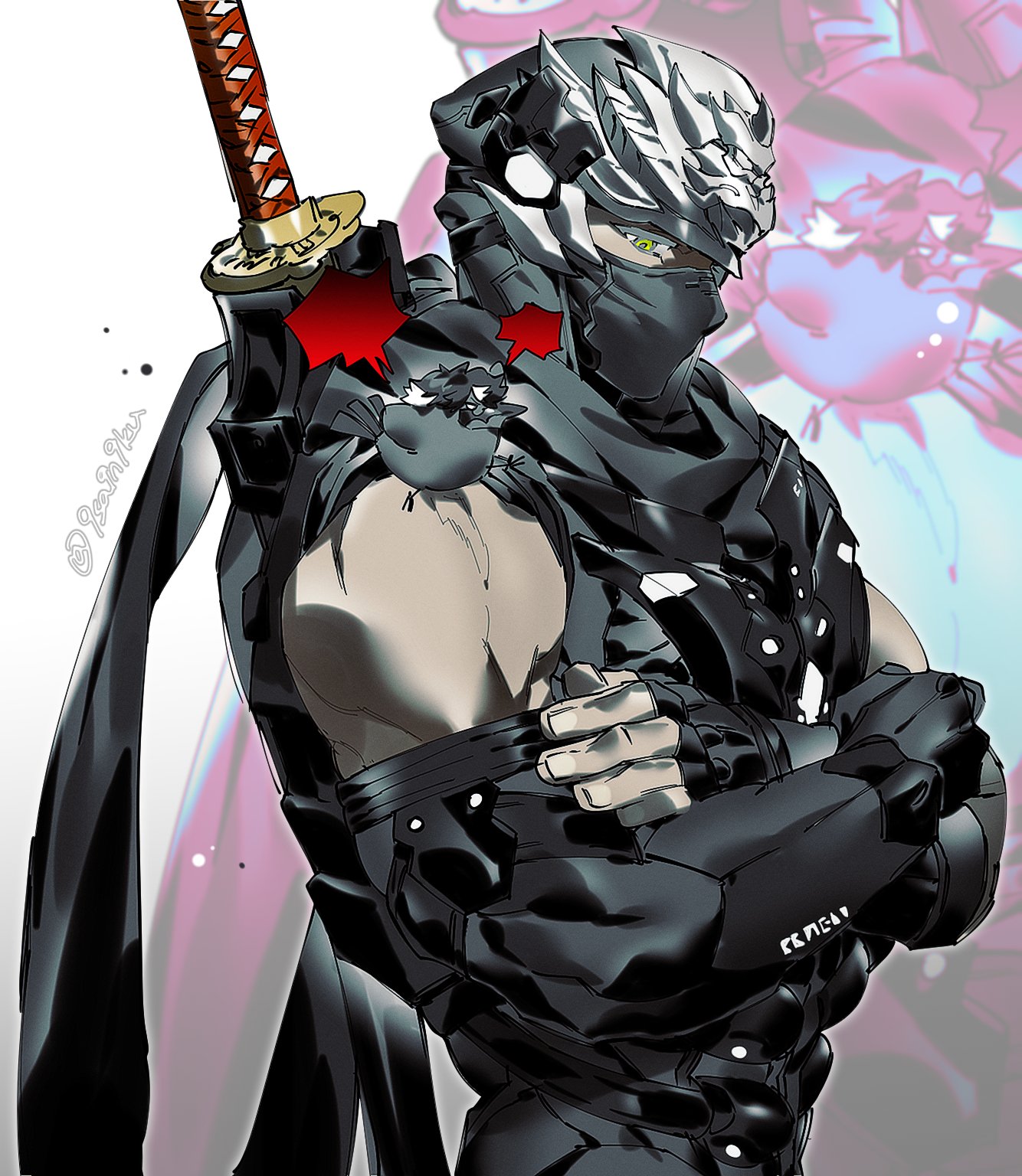 weitong zhanshi, ryu hayabusa, ninja gaiden, highres, 1boy, bare shoulders, bird, black scarf, covered mouth, crossed arms, green eyes, katana, male focus, mask, mouth mask, ninja, scarf, solo, sword, upper body, weapon