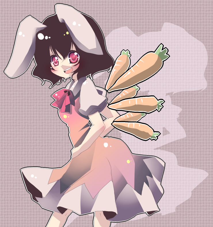 aimai (artist), manabu, cirno, inaba tewi, touhou, bad id, bad pixiv id, 1girl, animal ears, bow, bowtie, brown hair, carrot, cirno (cosplay), cosplay, dress, female focus, rabbit ears, red eyes, solo, wings