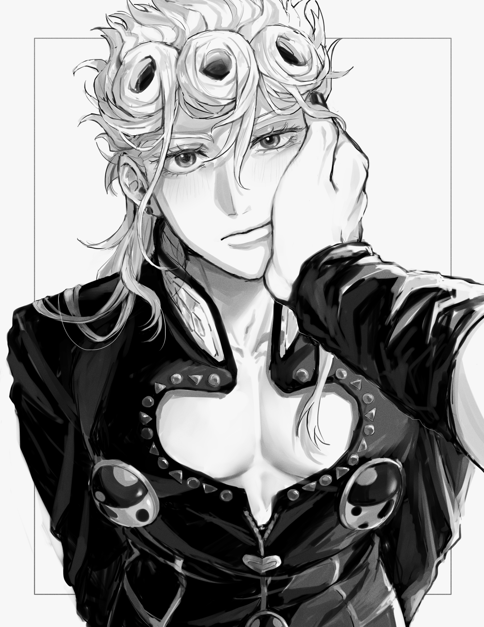 komiya harumoto, dio brando, giorno giovanna, jojo no kimyou na bouken, stardust crusaders, vento aureo, highres, 2boys, blush, braid, cleavage cutout, closed mouth, clothing cutout, earrings, father and son, greyscale, hand on another's cheek, hand on another's face, jacket, jewelry, ladybug brooch, long hair, long sleeves, looking at viewer, male focus, monochrome, multiple boys, pectoral cleavage, pectorals, pov, pov hands, time paradox, victory rolls, wing ornament, wristband, yaoi