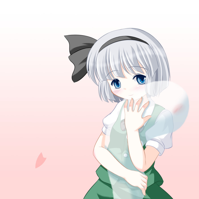 riku (rikkuru), konpaku youmu, konpaku youmu (ghost), touhou, silver hair, 1girl, blue eyes, blush, female focus, ghost, gradient background, hairband, hug, short hair, skirt, solo, white background