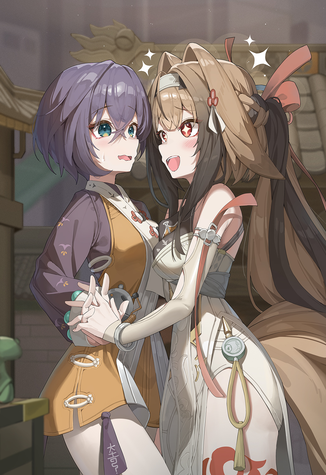 krux (k krux), belle (zenless zone zero), ye shunguang, zenless zone zero, highres, 2girls, architecture, black hair, blush, breasts, brown hair, china dress, chinese clothes, dress, east asian architecture, elbow gloves, gloves, green eyes, hair intakes, hair ribbon, holding hands, long hair, long sleeves, looking at another, medium breasts, multiple girls, open mouth, ribbon, short hair, smile, sparkling eyes, very long hair, white dress, white gloves