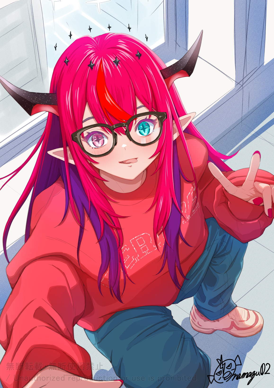 namazu02 tky, irys (hololive), hololive, hololive english, highres, 1girl, black horns, blue eyes, blue pants, blush, glasses, heterochromia, horns, looking at viewer, multicolored hair, pants, pointy ears, purple eyes, purple hair, red hair, red sweater, selfie, signature, solo, squatting, star-shaped pupils, star (symbol), sweater, symbol-shaped pupils, tongue, tongue out, two-tone hair, v, virtual youtuber