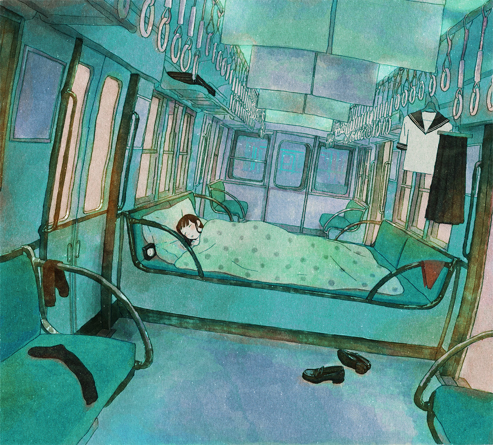 kumaori jun, original, bad id, bad pixiv id, 1girl, bed, female focus, lying, school uniform, serafuku, shoes, sleeping, socks, solo, train, train interior, under covers, vanishing point
