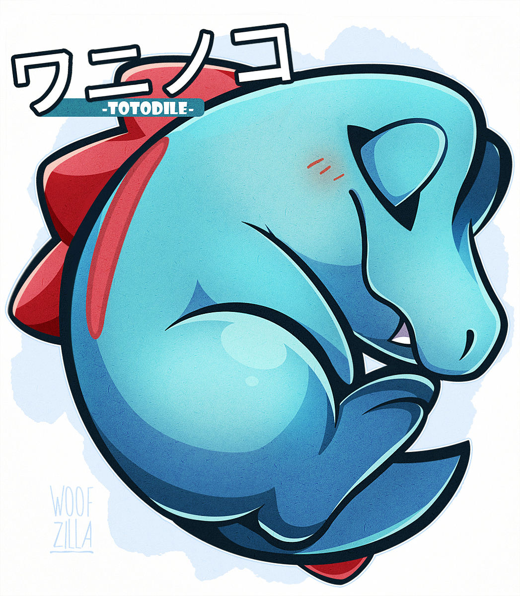 woofzilla, totodile, nintendo, pokemon, commentary, english commentary, highres, translation request, blush, character name, fangs, full body, gen 2 pokemon, lying, no humans, nostrils, on side, pokemon (creature), simple background, sleeping, solo, white background