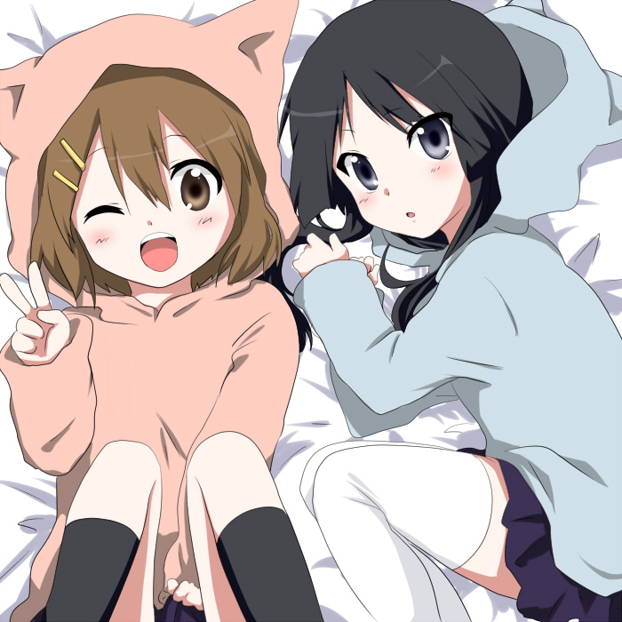 marimo danshaku, msan, akiyama mio, hirasawa yui, k-on!, bad id, bad pixiv id, 00s, 2girls, aged down, animal ears, animal hood, black eyes, black hair, blunt bangs, brown eyes, brown hair, cat hood, fetal position, hair ornament, hairclip, hime cut, hood, hoodie, lying, multiple girls, one eye closed, skirt, sweater, thighhighs, v, wink
