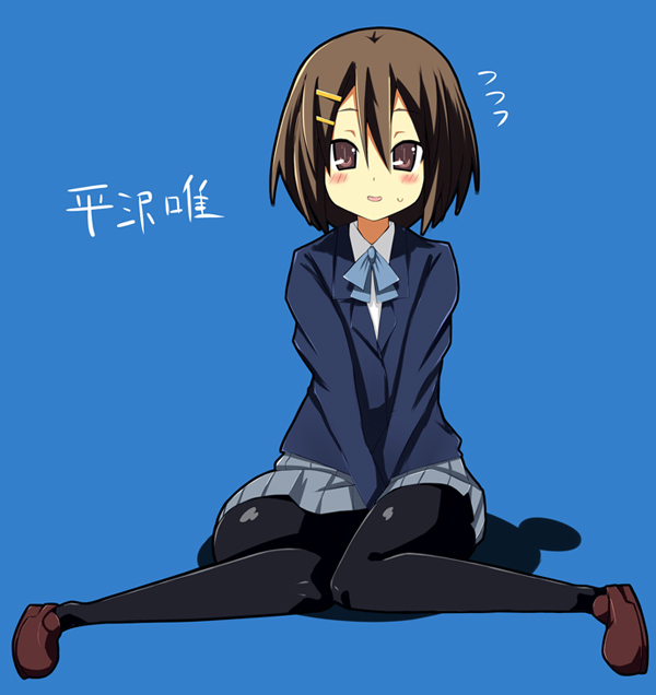 pilotis, hirasawa yui, k-on!, bad id, bad pixiv id, translated, 00s, 1girl, bad anatomy, bad feet, brown eyes, brown hair, feet, female focus, full body, hair ornament, hairclip, pantyhose, poorly drawn, school uniform, short hair, simple background, skirt, solo