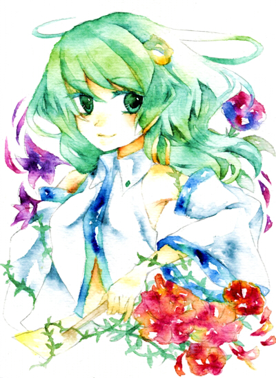 legomaru, kochiya sanae, touhou, bad id, bad pixiv id, painting (medium), traditional media, watercolor (medium), 1girl, detached sleeves, female focus, flower, green eyes, green hair, long hair, plant, solo, upper body, white background