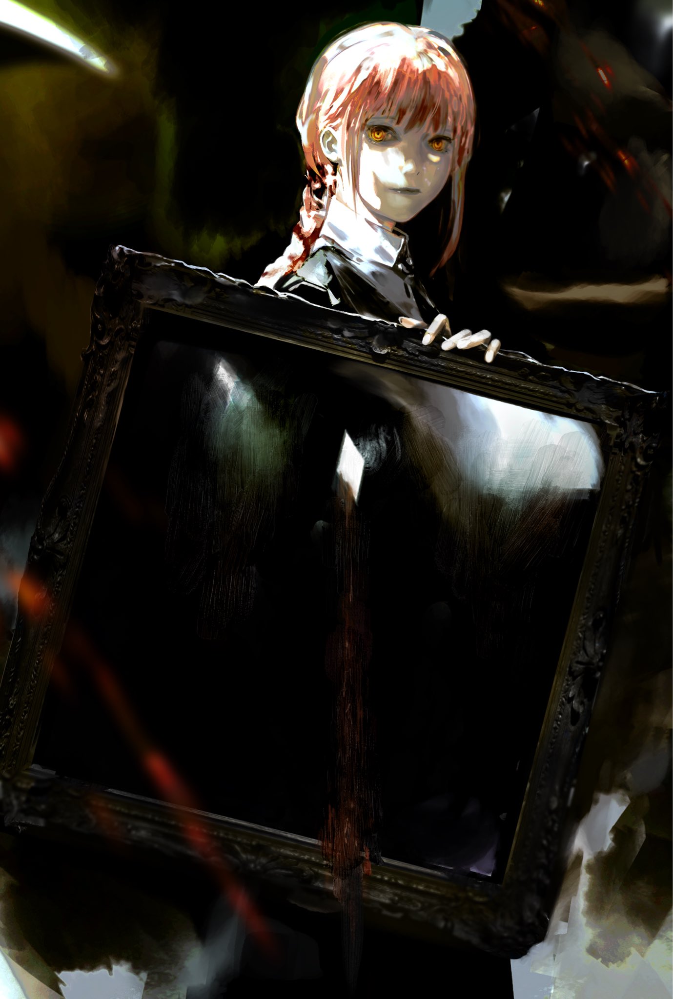 weweired9, makima (chainsaw man), chainsaw man, commentary, highres, 1girl, black necktie, braid, braided ponytail, collared shirt, empty picture frame, from side, holding, holding picture frame, long hair, looking at viewer, necktie, picture frame, red hair, ringed eyes, shirt, solo, standing, white shirt, yellow eyes