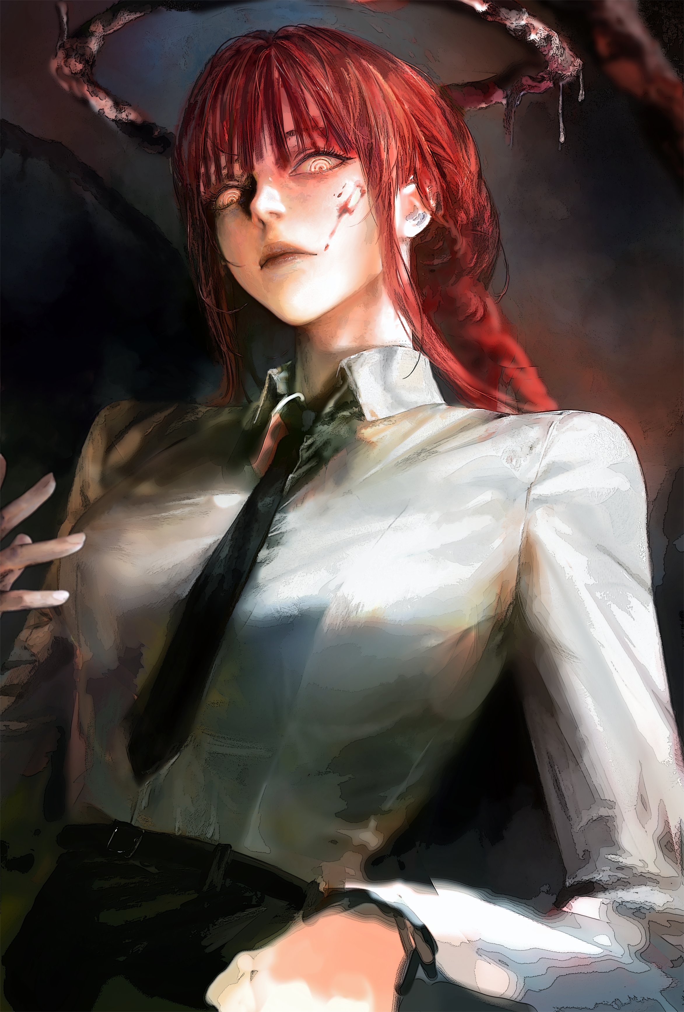 weweired9, makima (chainsaw man), chainsaw man, absurdres, commentary, highres, 1girl, black necktie, blood, blood halo, blood on face, closed mouth, collared shirt, cowboy shot, halo, lips, liquid halo, long hair, long sleeves, looking at viewer, necktie, realistic, red hair, ringed eyes, shirt, shirt tucked in, solo, white shirt, yellow eyes