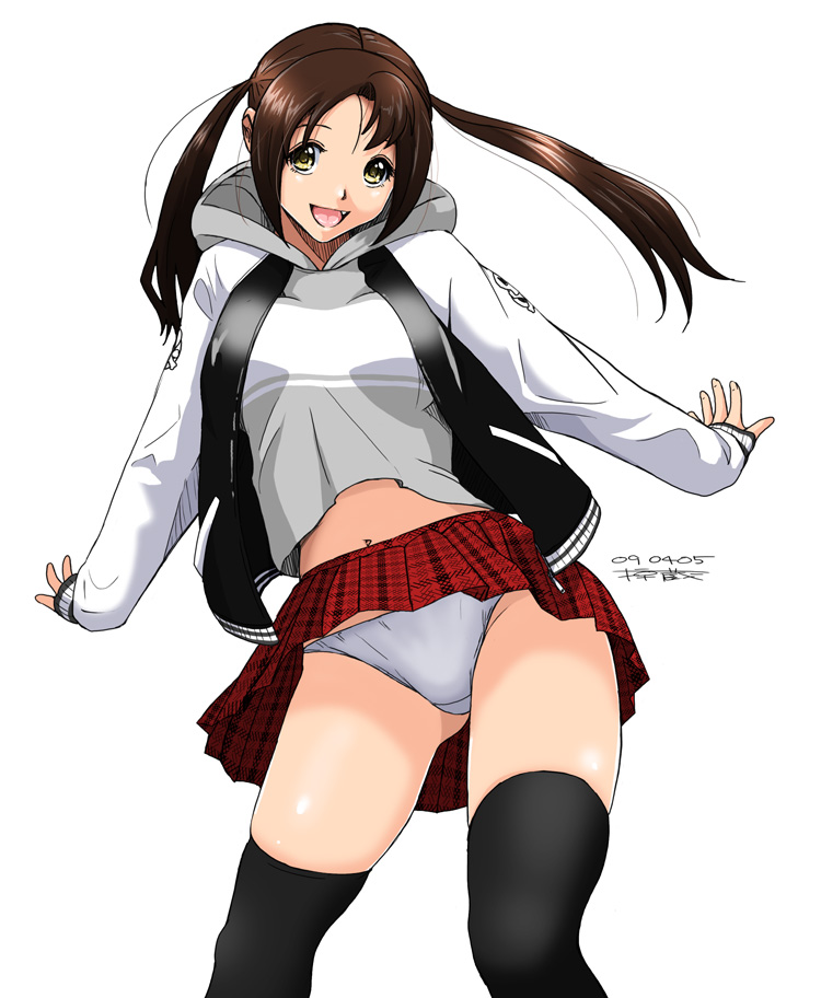 ryouzou, black thighhighs, blouse, blue panties, brown hair, fang, hood, hoodie, jacket, miniskirt, panties, plaid clothes, plaid skirt, pleated skirt, shirt, simple background, skirt, solo, standing, thighhighs, twintails, underwear, vest, yellow eyes