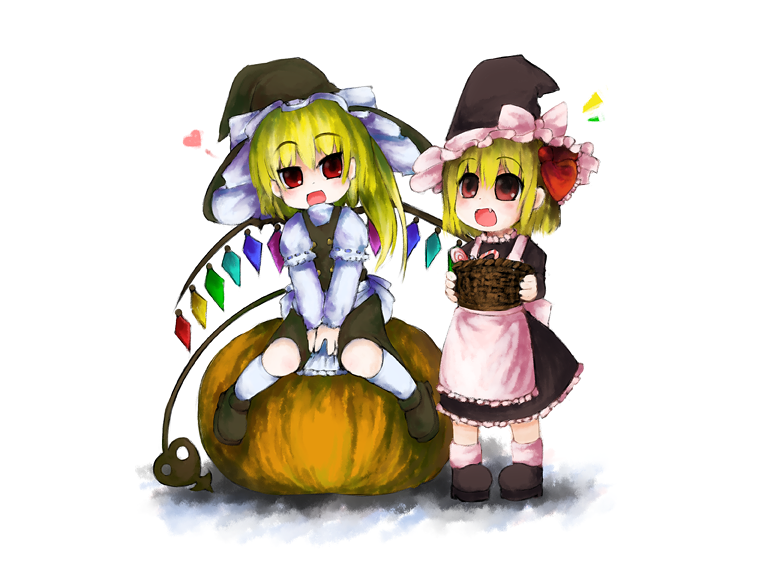rune (solitonbeam), flandre scarlet, kirisame marisa, rumia, embodiment of scarlet devil, touhou, bad id, bad pixiv id, 2girls, basket, blonde hair, candy, cosplay, dress, female focus, food, full body, hat, kirisame marisa (cosplay), multiple girls, ponytail, pumpkin, red eyes, ribbon, short hair, white background, wings
