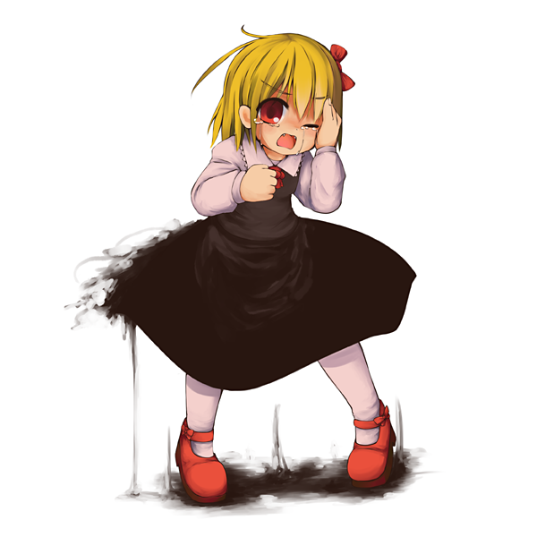 rune (solitonbeam), rumia, embodiment of scarlet devil, touhou, bad id, bad pixiv id, 1girl, blonde hair, darkness, female focus, red eyes, ribbon, short hair, solo, tears