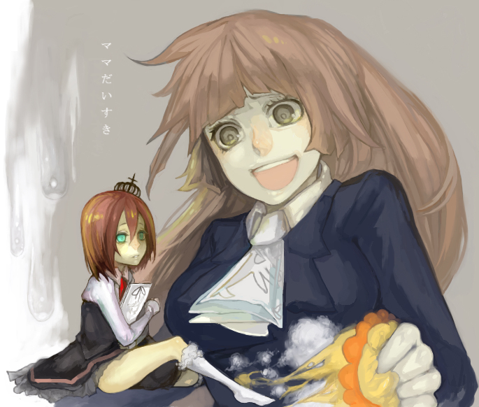 tcb, sakutarou (umineko), ushiromiya maria, ushiromiya rosa, alliance of the golden witch, umineko no naku koro ni, bad id, bad pixiv id, spoilers, 00s, age difference, blonde hair, broken, brown hair, crown, green eyes, hime cut, long hair, mother and daughter, orange hair, red hair, short hair, stuffed animal, stuffed toy