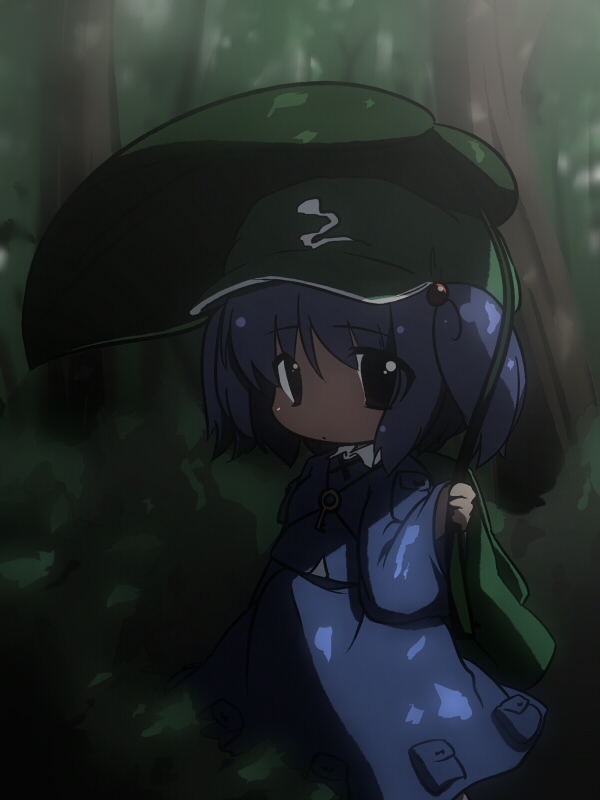 oka (bananashoe), kawashiro nitori, touhou, 1girl, backpack, bag, chibi, dark, female focus, forest, leaf umbrella, nature, randoseru, sad, shade, solo, two side up