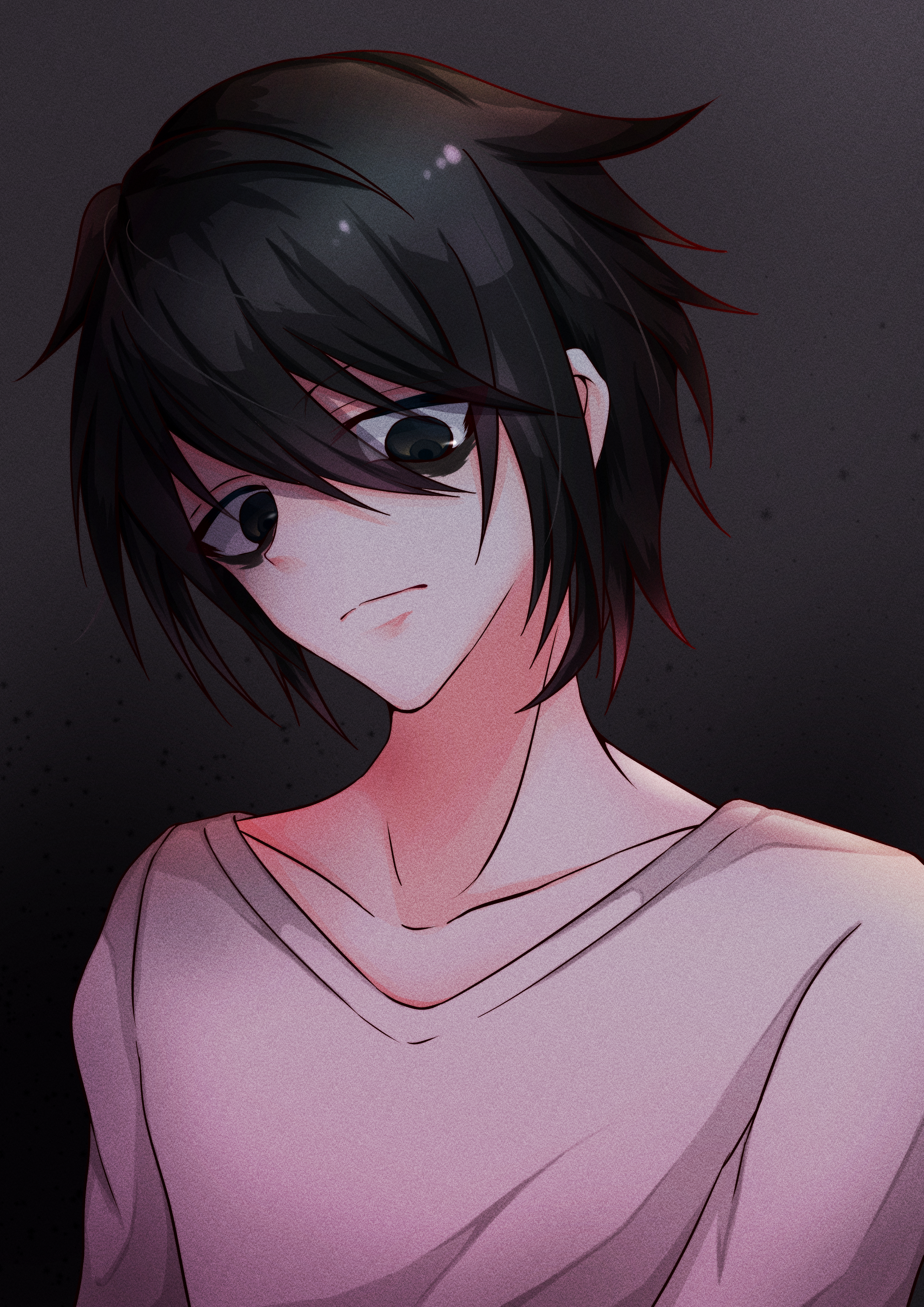 l (death note), l lawliet, death note, absurdres, highres, 1boy, bags under eyes, black eyes, black hair, closed mouth, collarbone, hair between eyes, male focus, shirt, solo, white shirt