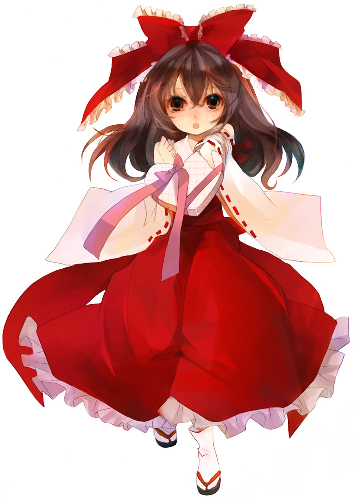 shimakoma, hakurei reimu, touhou, bad id, bad pixiv id, 1girl, bow, brown eyes, brown hair, detached sleeves, female focus, gift, hair bow, holding, holding gift, japanese clothes, miko, sandals, short hair, socks, solo