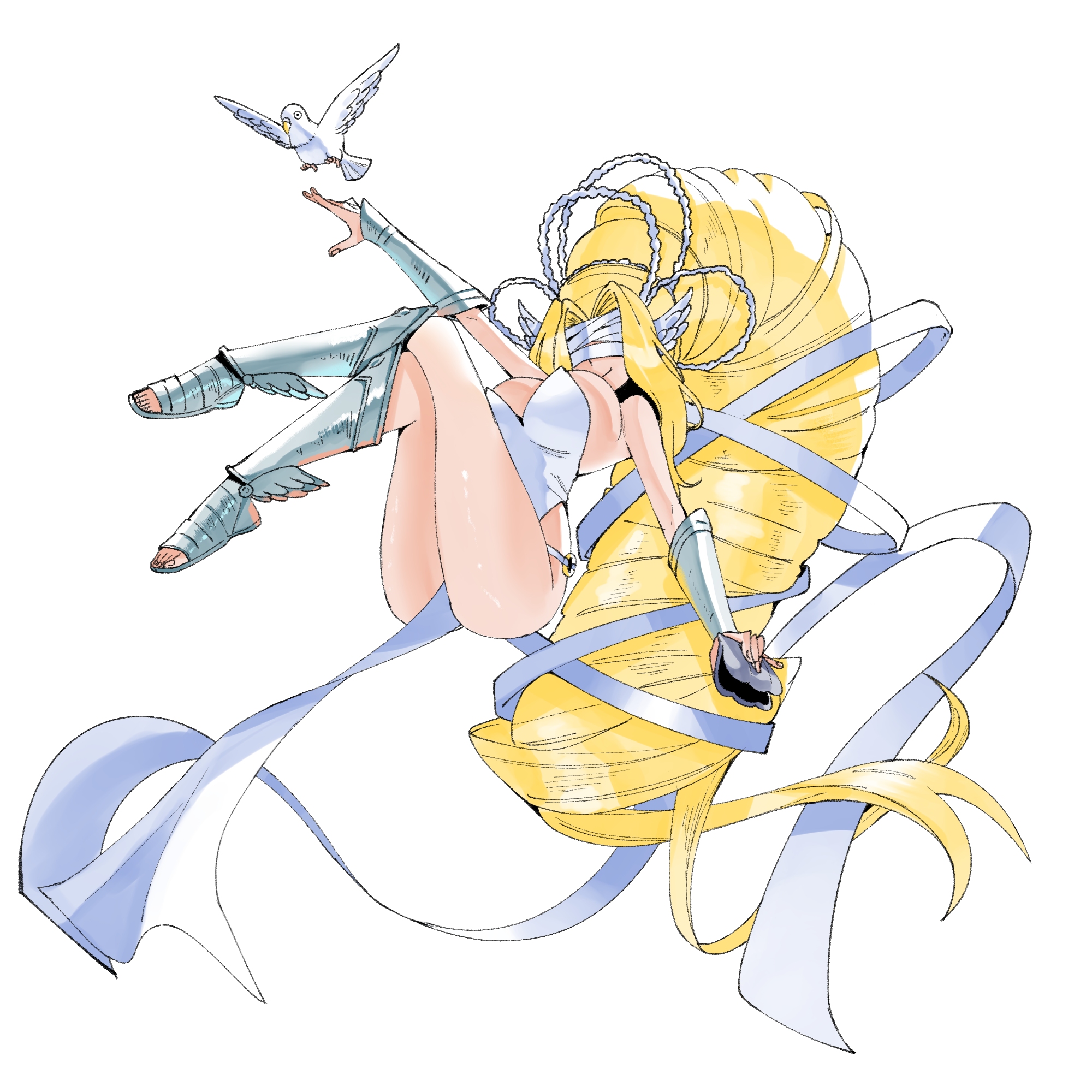 wanderjegson, venusmon, digimon, highres, 1girl, arm guards, arm up, armored boots, bare shoulders, bird, blindfold, blonde hair, boots, breasts, clothes between thighs, covered eyes, crossed legs, digimon (creature), digimon focus, dove, dress, facing viewer, full body, hair ribbon, holding, holding shell, large breasts, long dress, long hair, o-ring, o-ring bottom, o-ring panties, panties, pelvic curtain, ribbon, scallop, seashell, shell, smile, solo, strapless, strapless dress, thighs, underwear, very long hair, white dress, white panties, white ribbon, wing ears