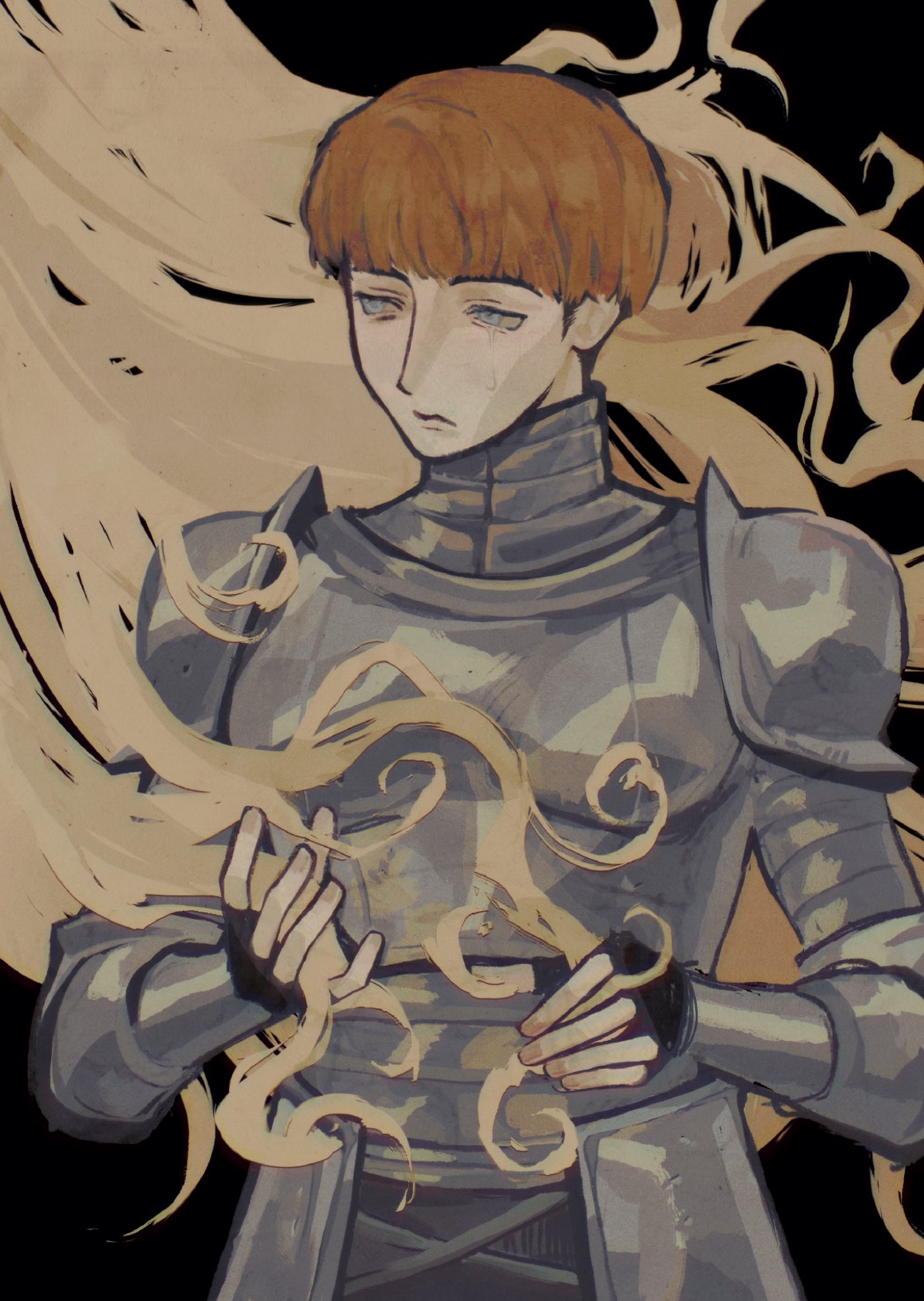 sazhimi, d'arce (fear & hunger), fear & hunger (series), fear & hunger 1, hashtag-only commentary, highres, 1girl, armor, black background, black gloves, boobplate, breastplate, closed mouth, fingerless gloves, gloves, grey eyes, knight, orange hair, pauldrons, short hair, shoulder armor, simple background, solo, upper body, vambraces