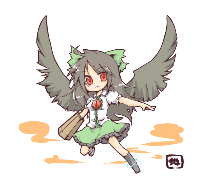 tsk, reiuji utsuho, touhou, bad id, bad pixiv id, 1girl, black hair, bow, chibi, female focus, full body, hair bow, long hair, red eyes, simple background, skirt, solo, white background, wings
