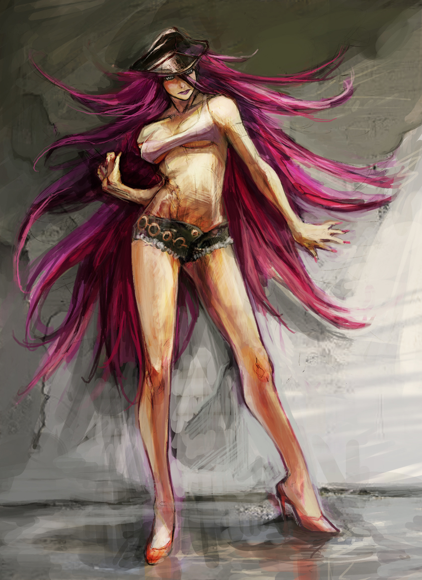 fjordtrotter, poison (final fight), capcom, final fight, bad id, bad pixiv id, 1girl, big hair, breasts, cleavage, female focus, hat, high heels, long hair, midriff, peaked cap, pink hair, shoes, short shorts, shorts, solo, very long hair