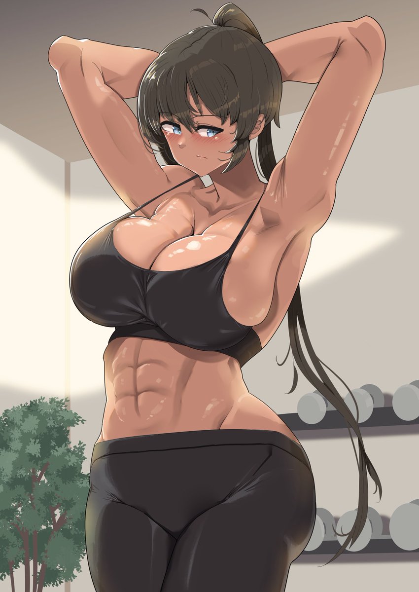 amidori, homura (senran kagura), senran kagura, 1girl, abs, armpits, arms behind head, blue eyes, blush, breasts, cleavage, crop top, dark-skinned female, dark skin, large breasts, looking to the side, midriff, pants, sleeveless