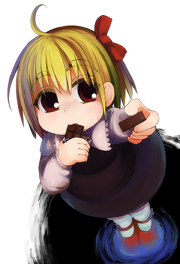 rune (solitonbeam), rumia, embodiment of scarlet devil, touhou, bad id, bad pixiv id, 1girl, ahoge, blonde hair, candy, chocolate, chocolate bar, eating, female focus, food, red eyes, ribbon, short hair, solo